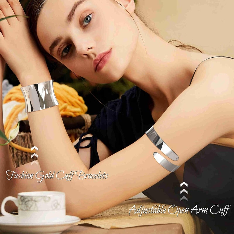 Masedy 4PCS Gold Arm Cuff Bracelets for Women Chunky Open Wrap Cuff Bracelet Set Adjustable Upper Arm Bracelet Bangle Statement Bracelet Minimalist Irregular Armband Coil Swirl Arm Jewelry - Image 5
